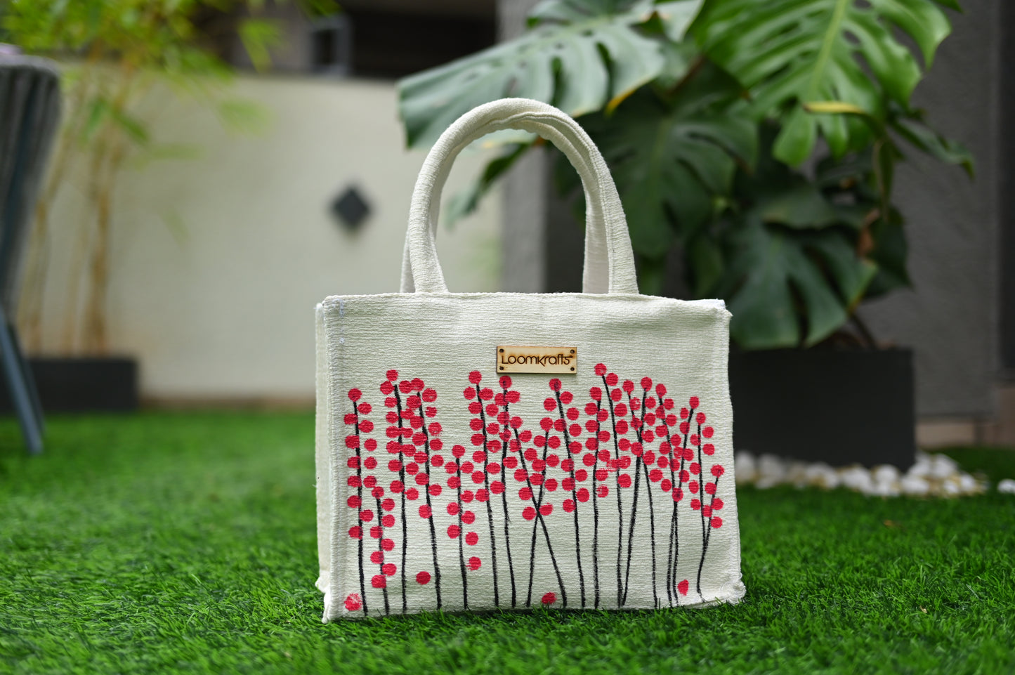 Red Bobbies On Cream Hand Painted Handbag