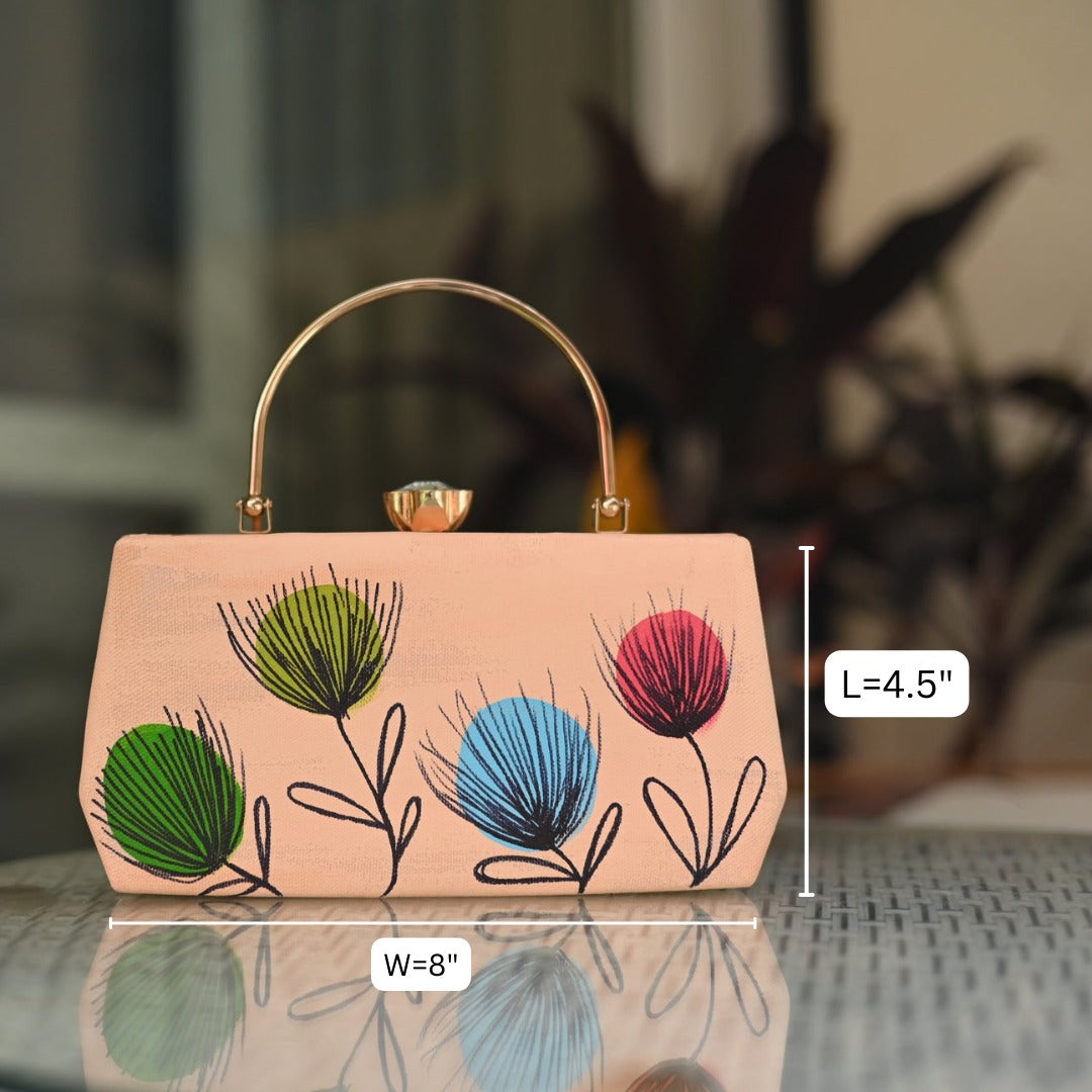 Four Flowers Boho Art Hand Painted Clutch