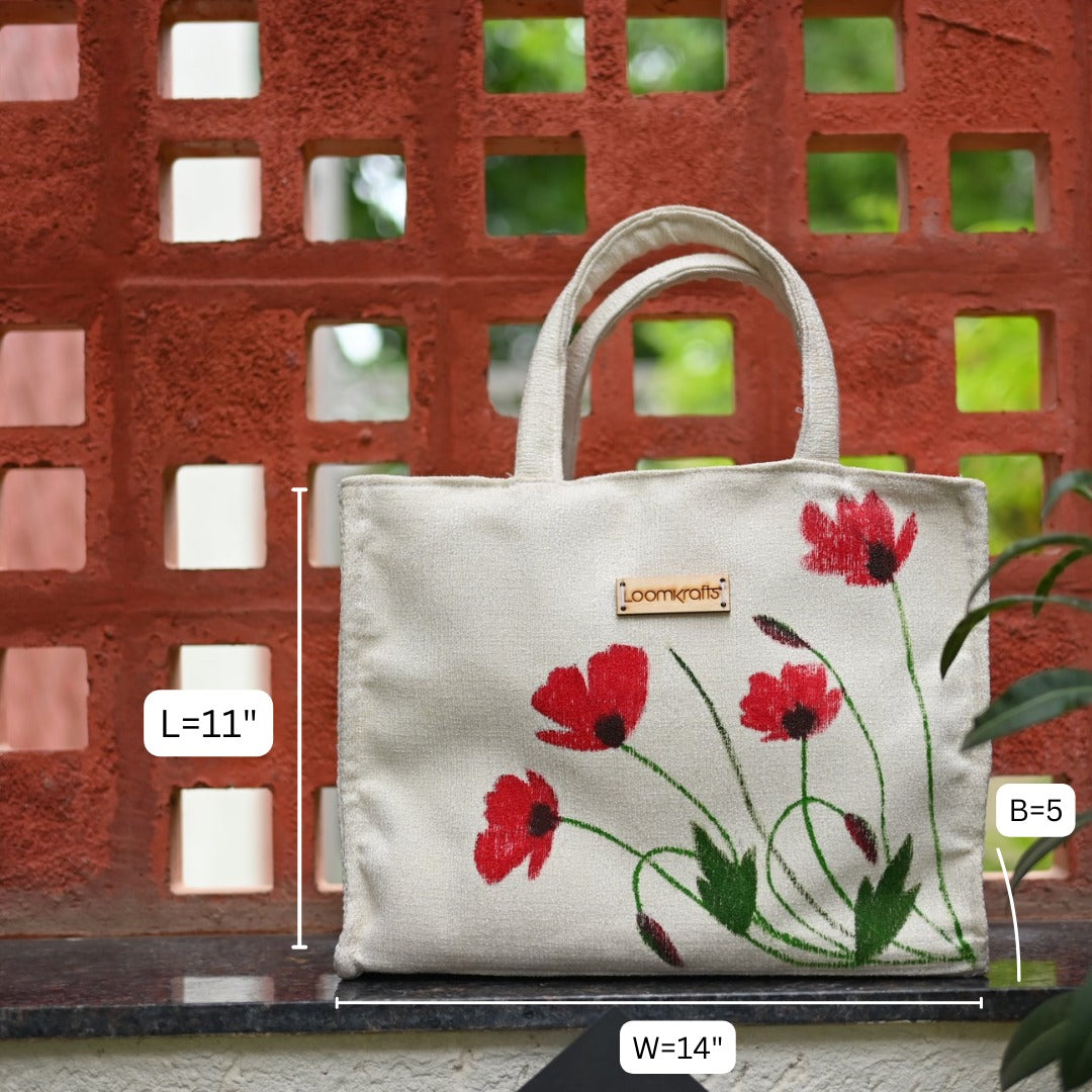 Cream Red Blossom Hand painted Handbag