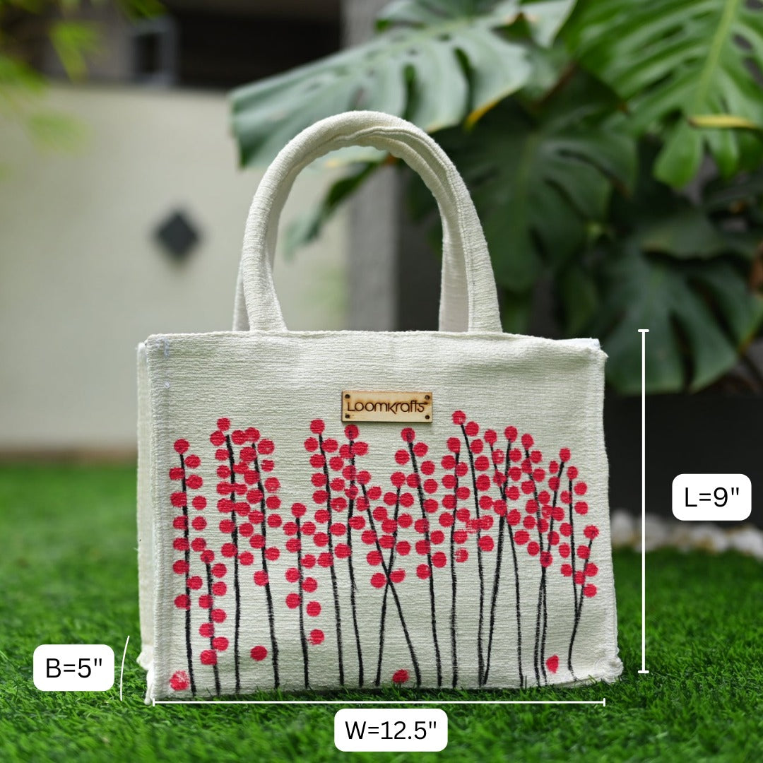 Red Bobbies On Cream Hand Painted Handbag