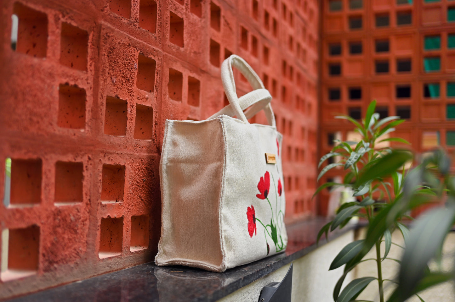 Cream Red Blossom Hand painted Handbag