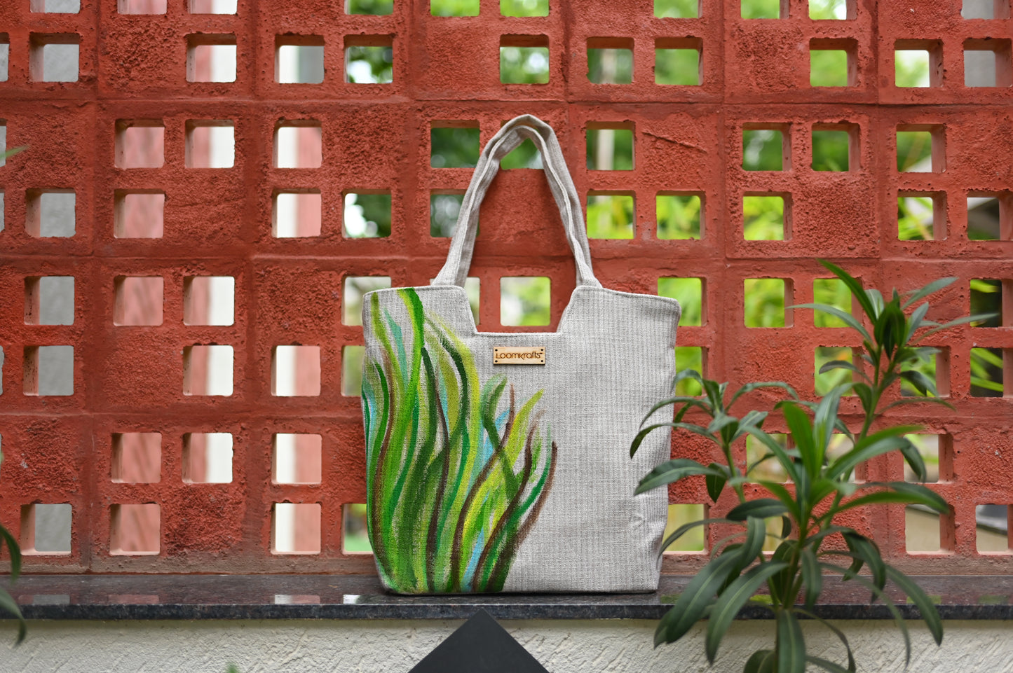 Leafy Waves Hand Painted Tote Bag