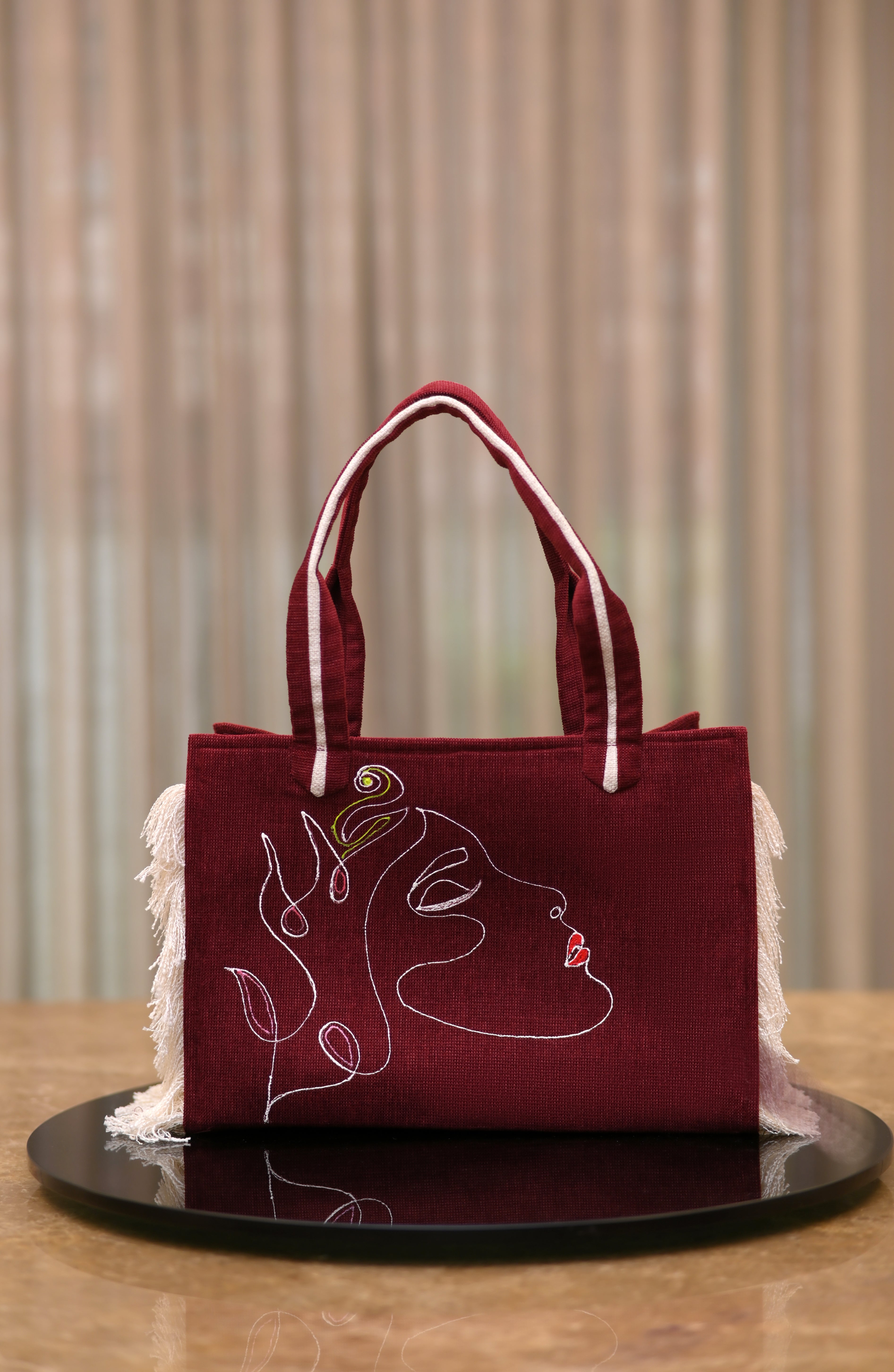 Maroon Lady with Flowered Cap tote