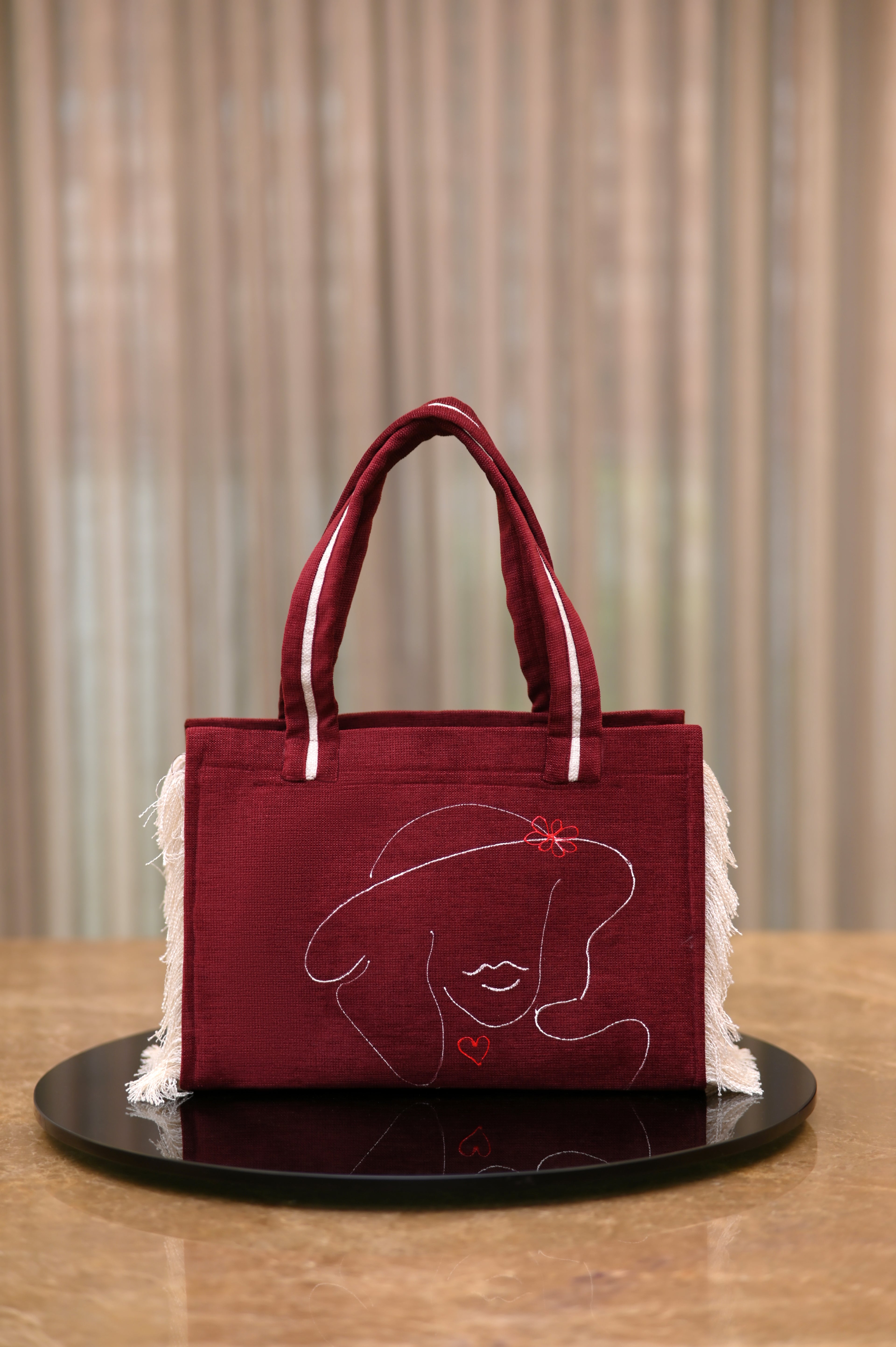 Maroon Lady with Flowered Cap tote