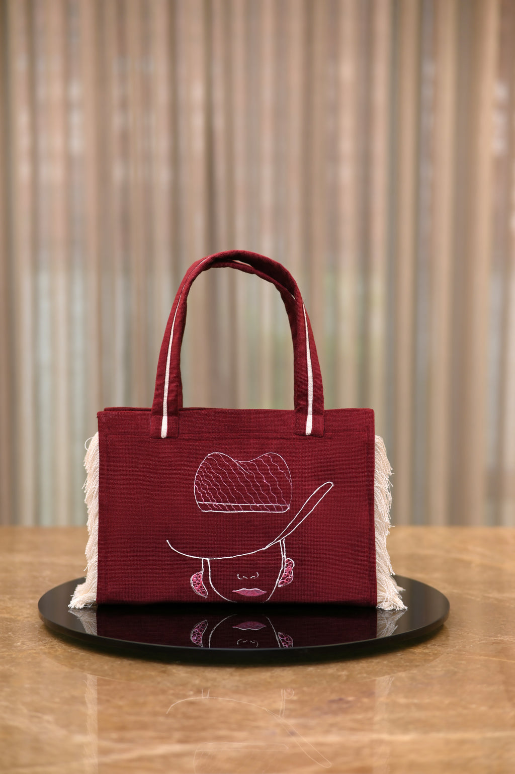 Maroon Lady with Flowered Cap tote