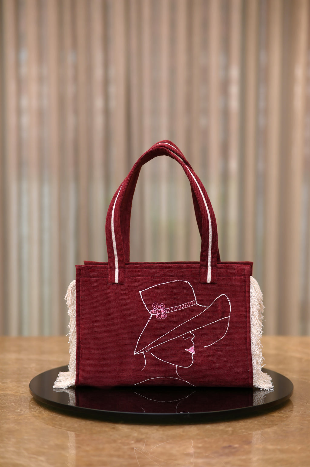 Maroon Lady with Flowered Cap tote