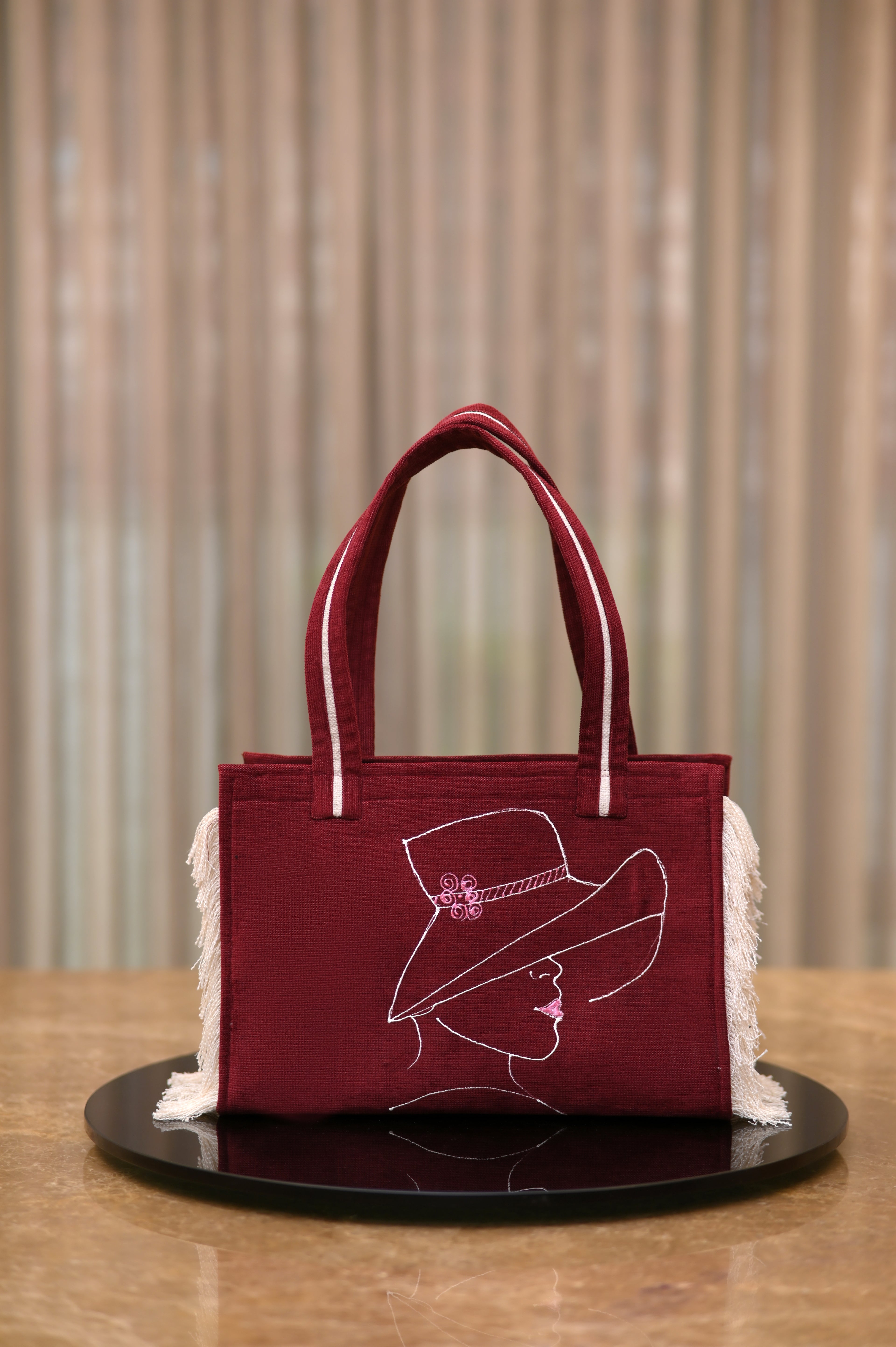 Maroon Lady with Flowered Cap tote