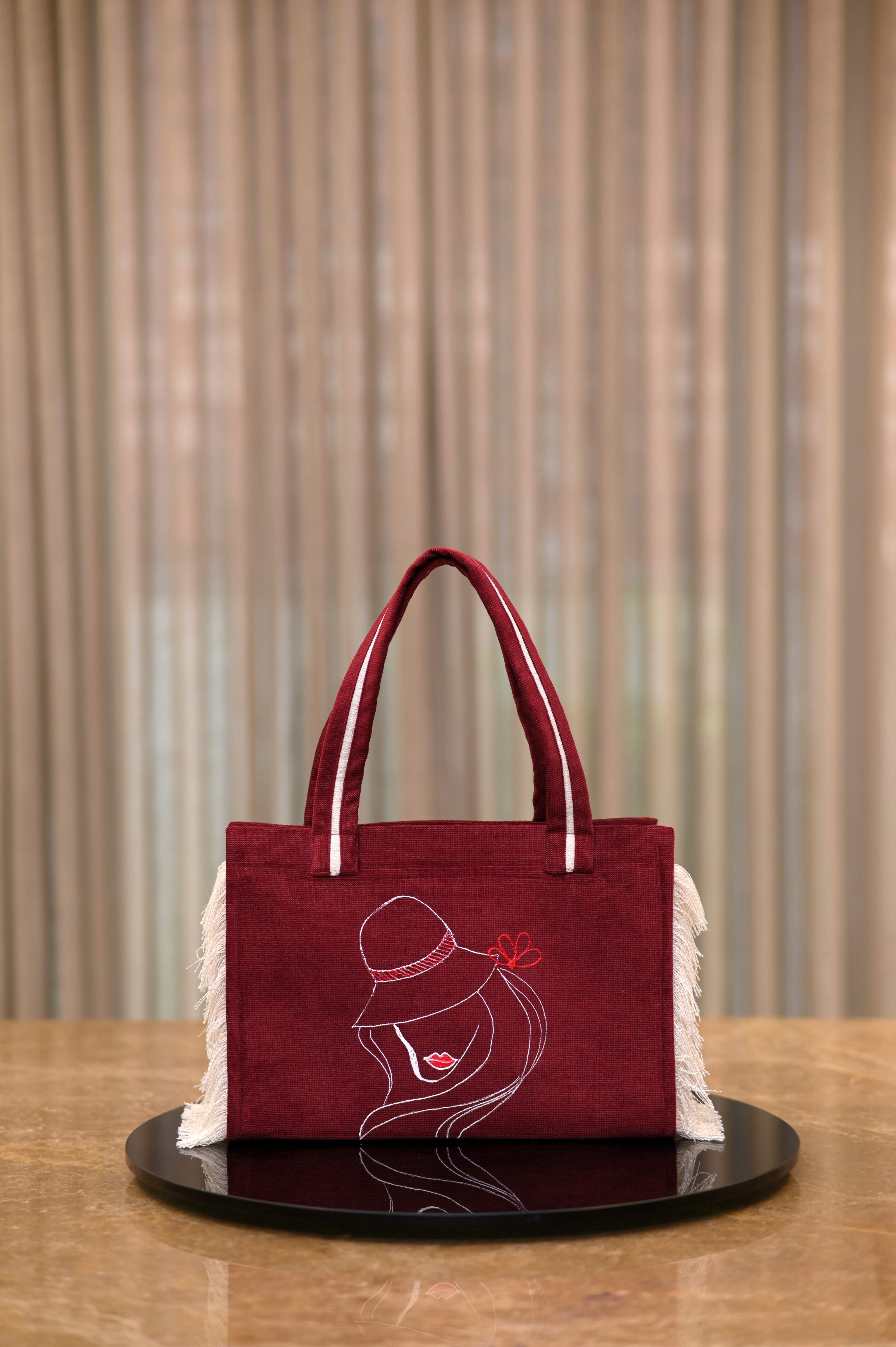Maroon Lady with Flowered Cap tote