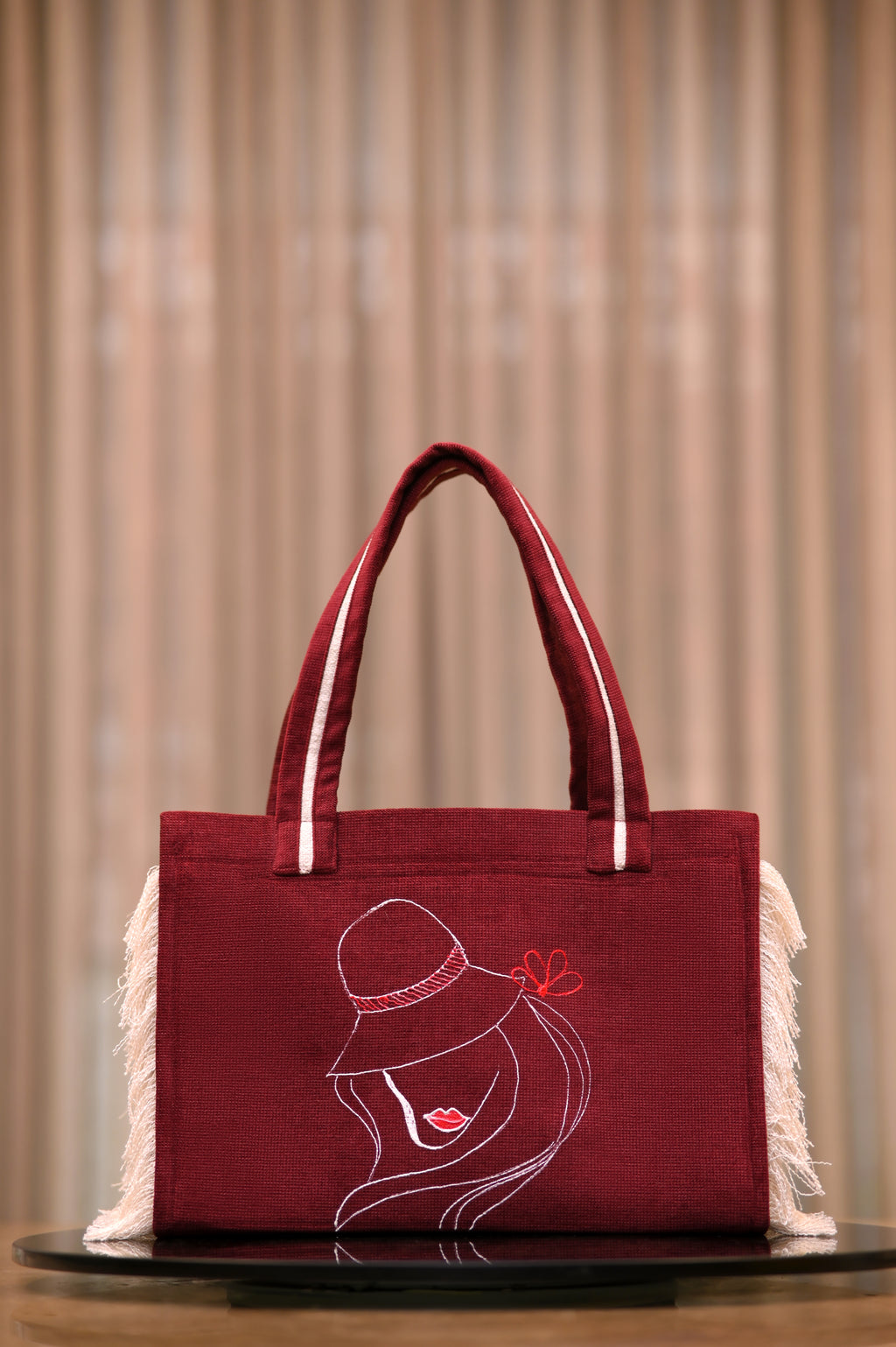 Maroon Lady with Flowered Cap tote