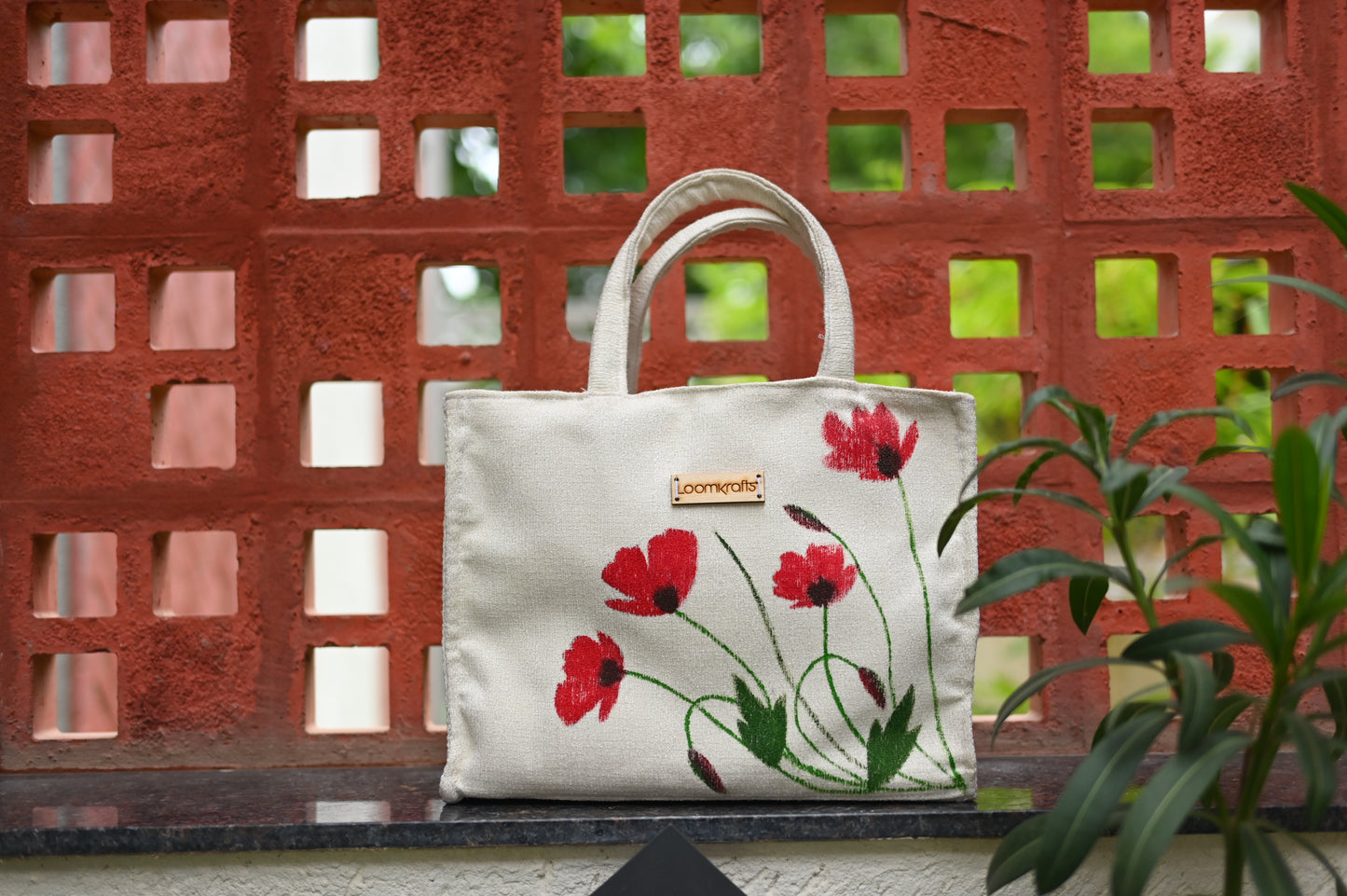 Cream Red Blossom Hand painted Handbag