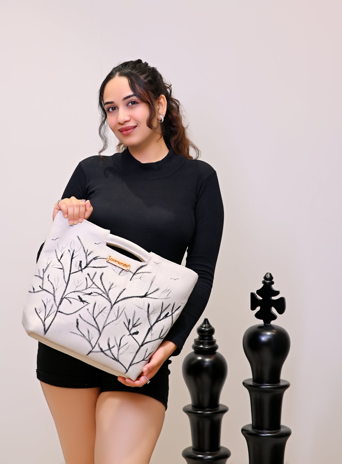 Black tree & Birds Hand Painted Bag